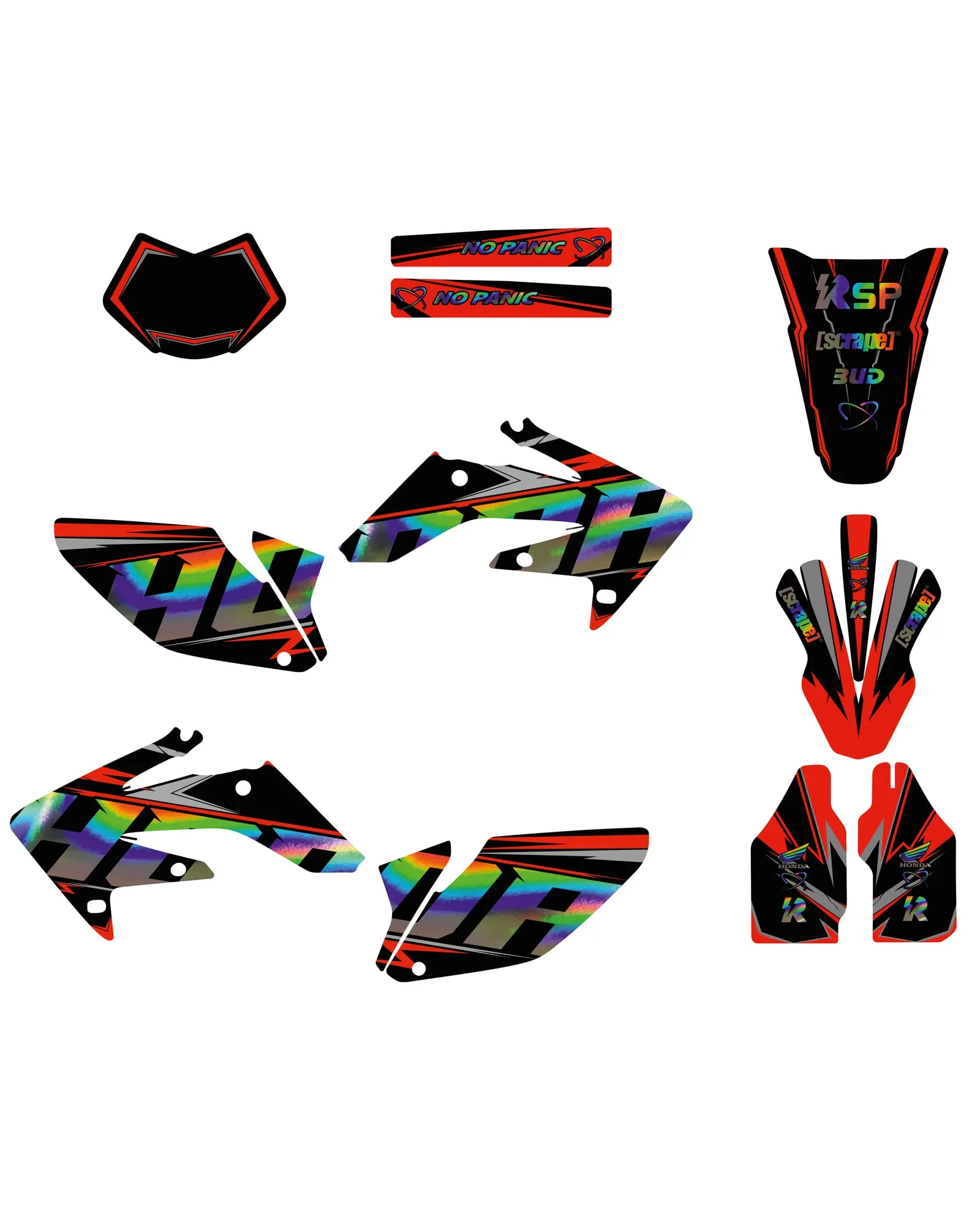 The decal kit laid out flat, black and red panels with holographic rainbow lettering