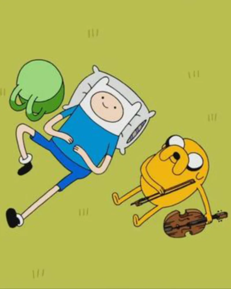 The original pixelated Adventure Time frame, just Finn and Jake lying on the grass